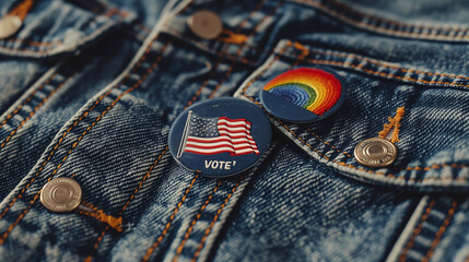 close up of political badges with American flag and rainbow, upcoming elections, lgbtq+ rights, civic duty, and equality