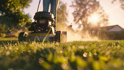 Close-Up of Person Mowing Lawn with Electric Lawnmower, Focus on Engine and Grass Being Cut, Blurred Background Emphasizing Subject in Bright and Sunny Atmosphere