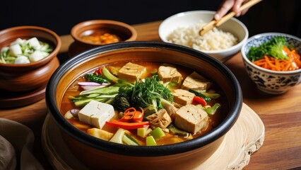 Delicious Asian Soup with Tofu and Vegetables in a Clay Pot.