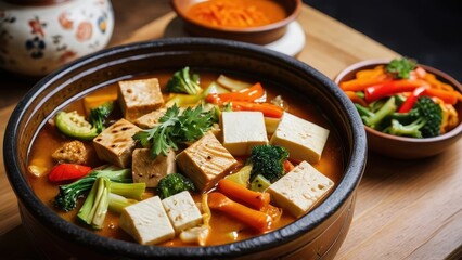 Tofu and Vegetable Soup in a Clay Pot.