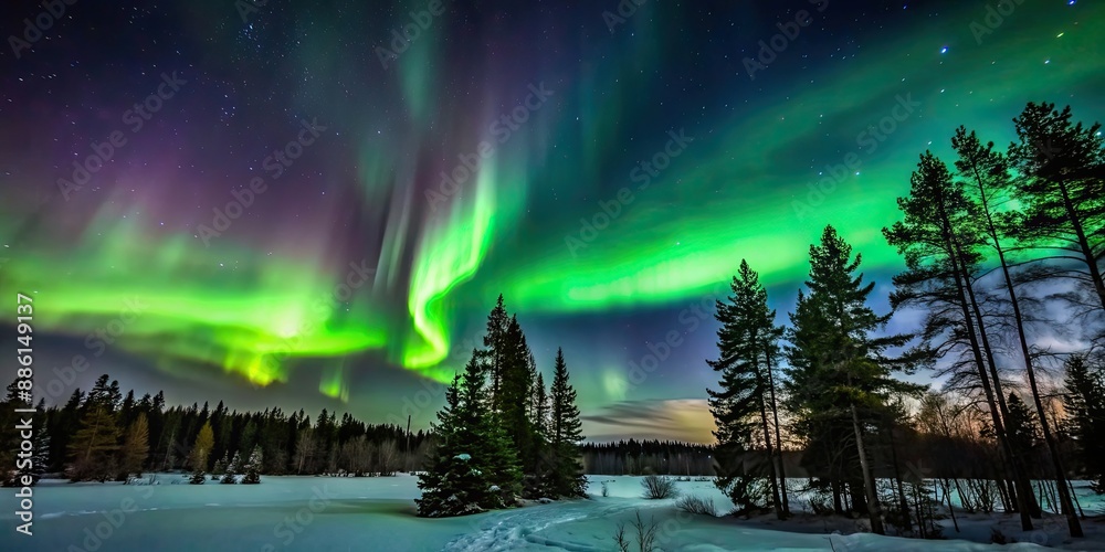 Poster A stunning aurora borealis lights up the night sky above a peaceful forest setting, aurora, borealis, northern lights