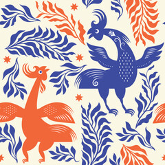 Seamless floral pattern with rooster, branches and leaves, elegance beautiful botanical pattern   © LenLis