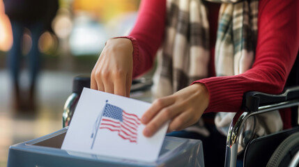 Close-up of woman in a wheelchair casting her ballot with the United States flag into the ballot box at  inclusive voting station, USA presidential election