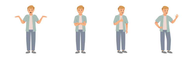 Man Character in Casual Wear Standing with Different Gesture and Emotion Vector Illustration Set