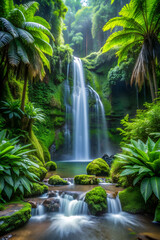 Lush Rainforest Waterfall with Moss-Covered Rocks and Dense Green Vegetation.