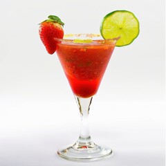 A chilled glass of strawberry daiquiri with a garnish of fresh strawberry and lime slice, isolated on a white background