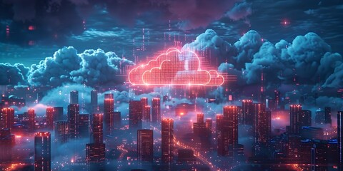 Fototapeta premium Dynamic City with Vibrant Cloud Data Overlays Urban Futuristic Landscape at Night