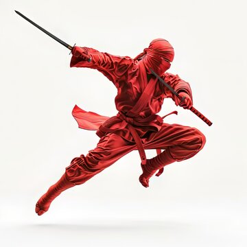 Red ninja warrior jumping in midair with two swords unsheathed