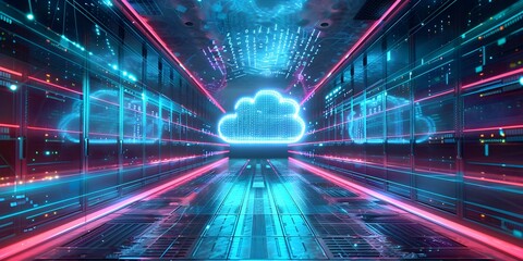 Futuristic Server Room with Cloud Holograms High Tech Blue and Green Digital Art Concept