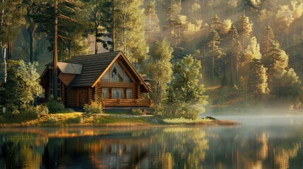 Fototapeta premium Idyllic log cabin by a calm lake, enveloped by the beauty of the woods