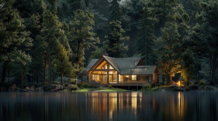 Fototapeta premium Idyllic log cabin by a calm lake, enveloped by the beauty of the woods