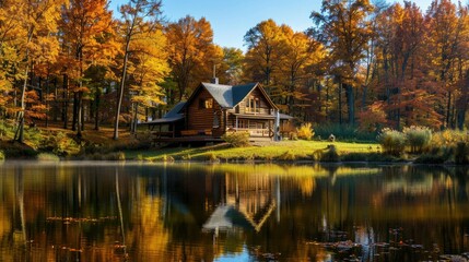 Fototapeta premium Idyllic log cabin by a calm lake, enveloped by the beauty of the woods