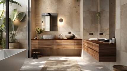 Modern bathroom design featuring wood vanity, ceramic basin, and sleek wall tiles