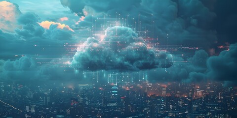 Futuristic Data Stream Over Dramatic Cityscape with Dark Moody Tones and Dramatic Contrast