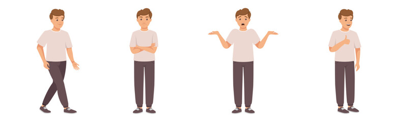 Fototapeta premium Man Character in Casual Wear Standing with Different Gesture and Emotion Vector Illustration Set