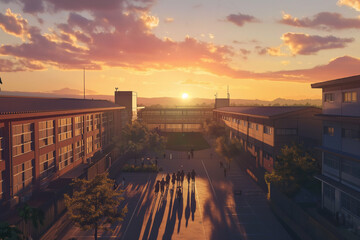 Obraz premium A group of people are walking down a street in front of a building with a sunset