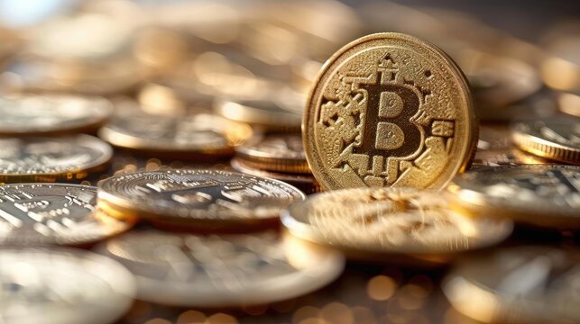 Close-up of a bitcoin coin alongside a percent sign, financial growth and dividends in cryptocurrency trading, potential profit for investors - Powered by Adobe