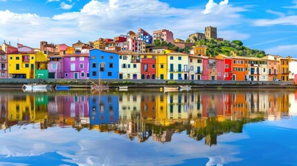 Picturesque Bosa town with vibrant houses mirrored in the Temo River