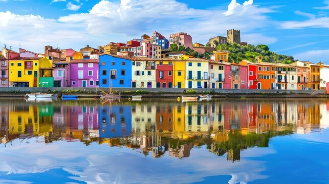 Picturesque Bosa town with vibrant houses mirrored in the Temo River