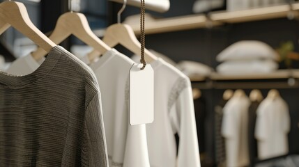 Obraz premium Price tag mockup hanging from garments in a chic boutique