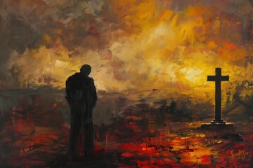 Obraz premium Man stands before black cross against abstract background. Red and yellow colors create warmth and intensity. Christian man prays in front of cross. Solitary figure faces right side of frame.