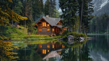 Obraz premium Rustic log cabin by a lake, immersed in the peaceful ambiance of the forest