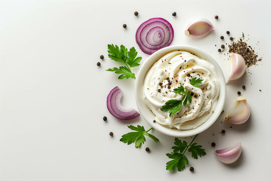 Minimalistic setup of sour cream with garlic and onion