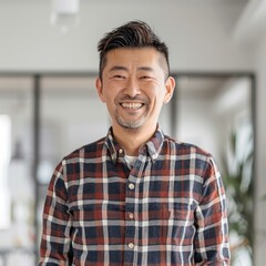 Obraz premium Smiling Man in Plaid Shirt, Asian Programmer Working with Artificial Intelligence. Chinese, Japanese, Korean, AI-Generated, 4K High-Resolution Wallpaper