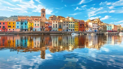 Fototapeta premium Scenic view of the old town of Bosa, with colorful houses reflecting in the Temo River
