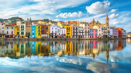 Scenic view of the old town of Bosa, with colorful houses reflecting in the Temo River