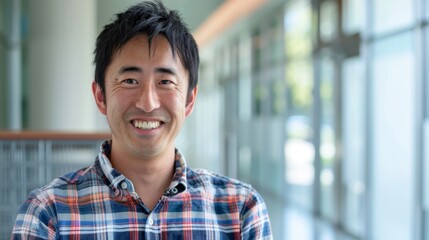 Obraz premium Smiling Man in Plaid Shirt, Asian Programmer Working with Artificial Intelligence. Chinese, Japanese, Korean, AI-Generated, 4K High-Resolution Wallpaper
