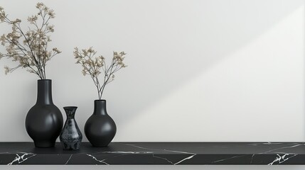 Sophisticated black vases on a black marble table, set against a minimalist white wall