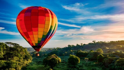 Fototapeta premium hot air balloon, adorned with stripes of red, orange, yellow, green, blue, and purple, gracefully floating above a lush, verdant landscape. The ground below is teeming with trees