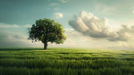 Obraz premium Create an atmospheric image of a lone tree in a verdant field, with its branches reaching towards the open sky, symbolizing growth and serenity.