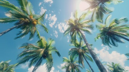 Fototapeta premium Upward view of palm trees swaying in the breeze, capturing the essence of a sunny day