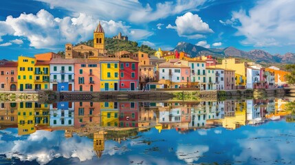 Fototapeta premium Vibrant houses of Bosa town reflected in the Temo River, picturesque view