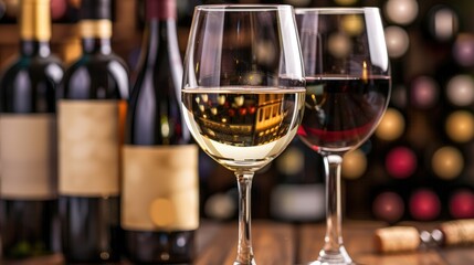 Wine glasses with various bottles in the background, setting a refined atmosphere