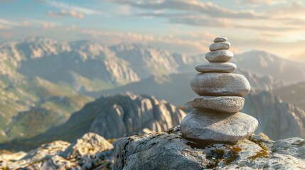 Zen stack of stones balanced on a mountain top, ample copy space for text