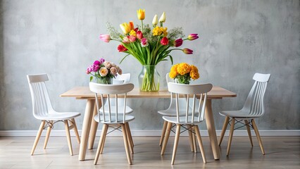Table set with chairs and a vase of fresh flowers , furniture, interior, decor, dining, room, home, elegant