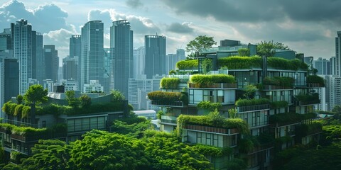 Obraz premium Eco Friendly Futuristic Cityscape with Lush Green Rooftops Showcasing Nature and Sustainability Concept