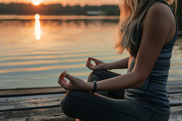 Calm morning meditation by the lake, young woman outdoors on the pier, wellness concept