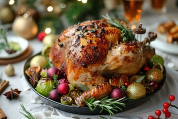 Delicious roasted turkey garnished with herbs being the star of a festive christmas dinner