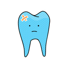 tooth with bandage halftone hand drawn  color vector illustration