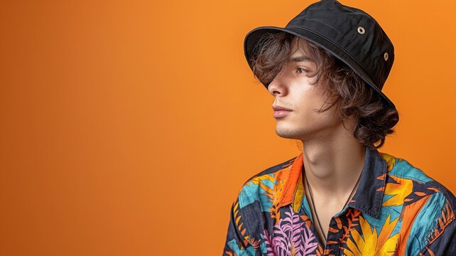 portrait of a stylish young man wearing a black bucket hat and vibrant patterned shirt against a orange background.