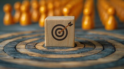 Naklejka premium wooden blocks with icons representing leadership, targeting, and strategic planning.