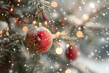 Red and gold christmas ornament hanging from a snow covered tree branch with twinkling lights and falling snow