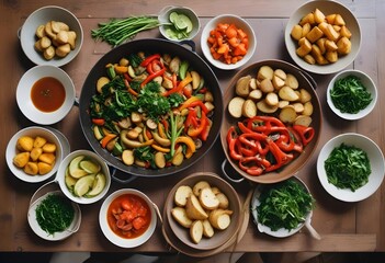 A variety of healthy vegetarian dishes including a large bowl of stir-fried vegetables with peppers, onions, and greens, a bowl of boiled potatoes, a bowl of fresh herbs, and other side dishes on a ru