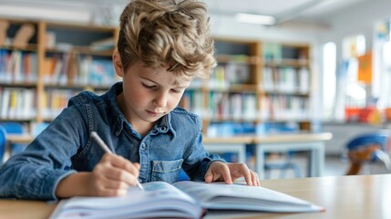 Young boy doing class work at a desk in a classroom