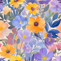 A vibrant and dynamic floral pattern featuring a variety of colorful flowers and leaves.