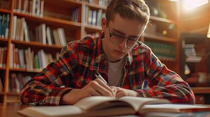 Young man student study in the school library
